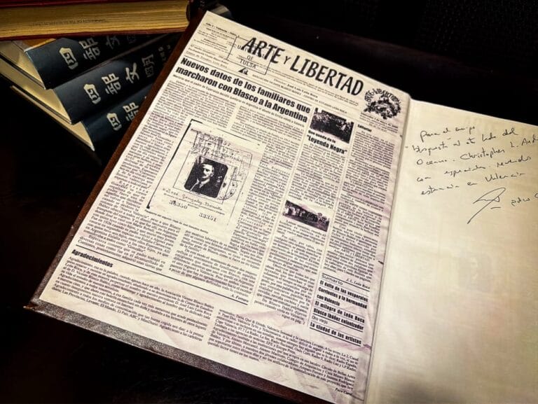 Archival photograph of a historical newspaper front page titled Arte y Libertad, featuring dense columns of Spanish-language political journalism, headlines, illustrations, and period typography associated with the cultural and ideological milieu of Vicente Blasco Ibáñez / Vicente Blasco Ibanez, preserved as part of a university archive documenting early twentieth-century press, republican thought, and literary-political discourse.