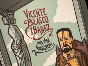 An illustrated biographical representation of Vicente Blasco Ibáñez (Vicente Blasco Ibanez), drawn from Una Vida Apasionante, celebrating the life, politics, and literary passion of Spain’s most internationally recognized novelist. Held within the University of Tulsa archive, this image captures Blasco Ibáñez not only as the author of La Barraca, Cañas y Barro, Los Cuatro Jinetes del Apocalipsis, and Sangre y Arena, but as a revolutionary voice whose life mirrored the intensity of his prose. A visually striking archival asset for Blasco Ibáñez scholarship, literary biography research, and Tulsa’s Spanish literature collections.
