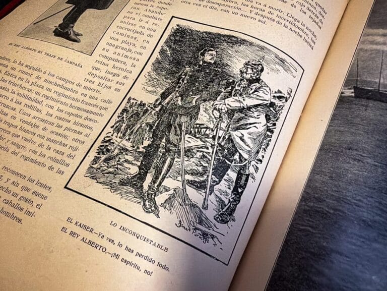 Archival interior page with period illustrations and text related to Vicente Blasco Ibáñez / Vicente Blasco Ibañez, depicting wartime themes and political commentary within a preserved academic archive.