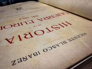 An archival view of the title page of Historia de la Guerra Europea de 1914 by Vicente Blasco Ibáñez (Vicente Blasco Ibanez), photographed from the University of Tulsa’s McFarlin Library Special Collections archive. This primary source exemplifies Blasco Ibáñez’s engagement with World War I as both a historian and cultural commentator. The University of Tulsa archive preserves this work as part of its internationally recognized Blasco Ibáñez collection, supporting research into Spanish literature, European war reportage, and early twentieth-century global history.